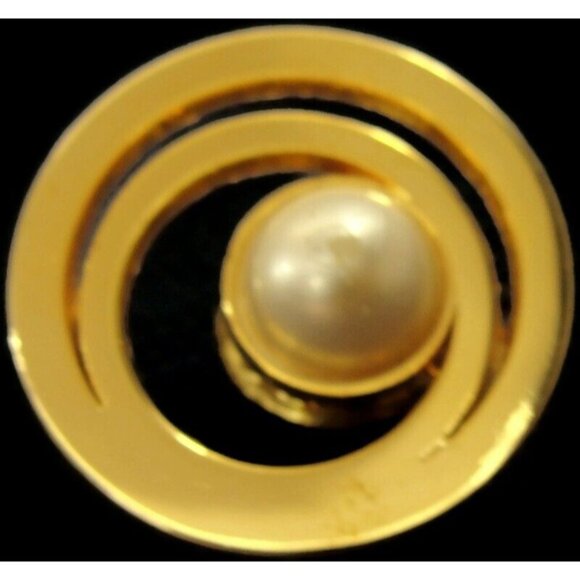 Vintage Brooch Costume Jewelry Double Ring Large Imitation Pearl Gold Tone - Picture 3 of 10